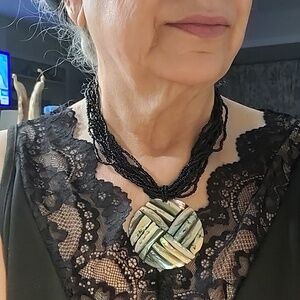 Necklace Abalone Intarsia Beaded Black Multi Strand